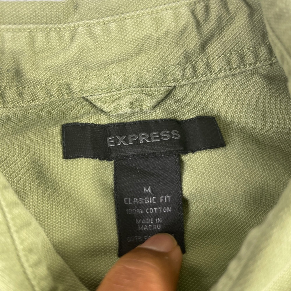 Express Mens Classic Fit Cotton Canvas Button Down Shirt Olive Green Medium - Picture 2 of 8